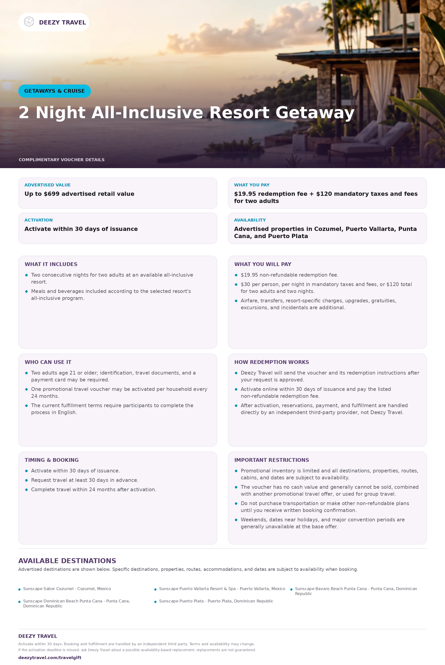 Preview of the downloadable details for 2 Night All-Inclusive Resort Getaway