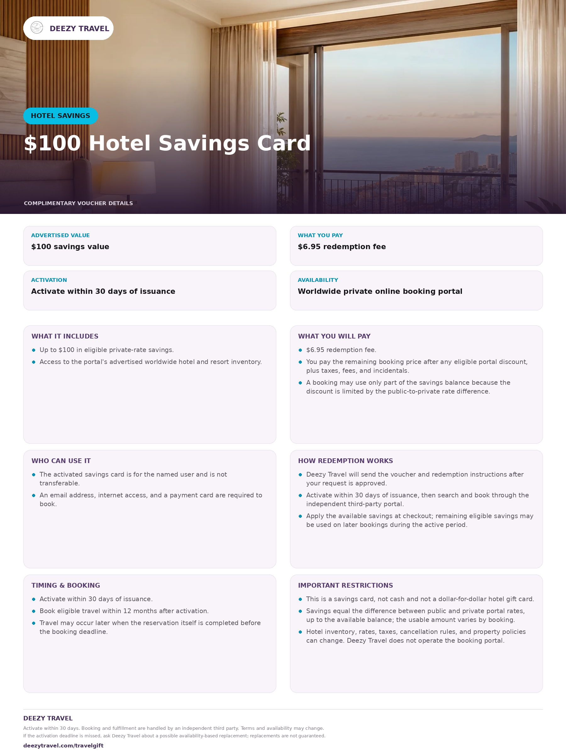 Preview of the downloadable details for $100 Hotel Savings Card