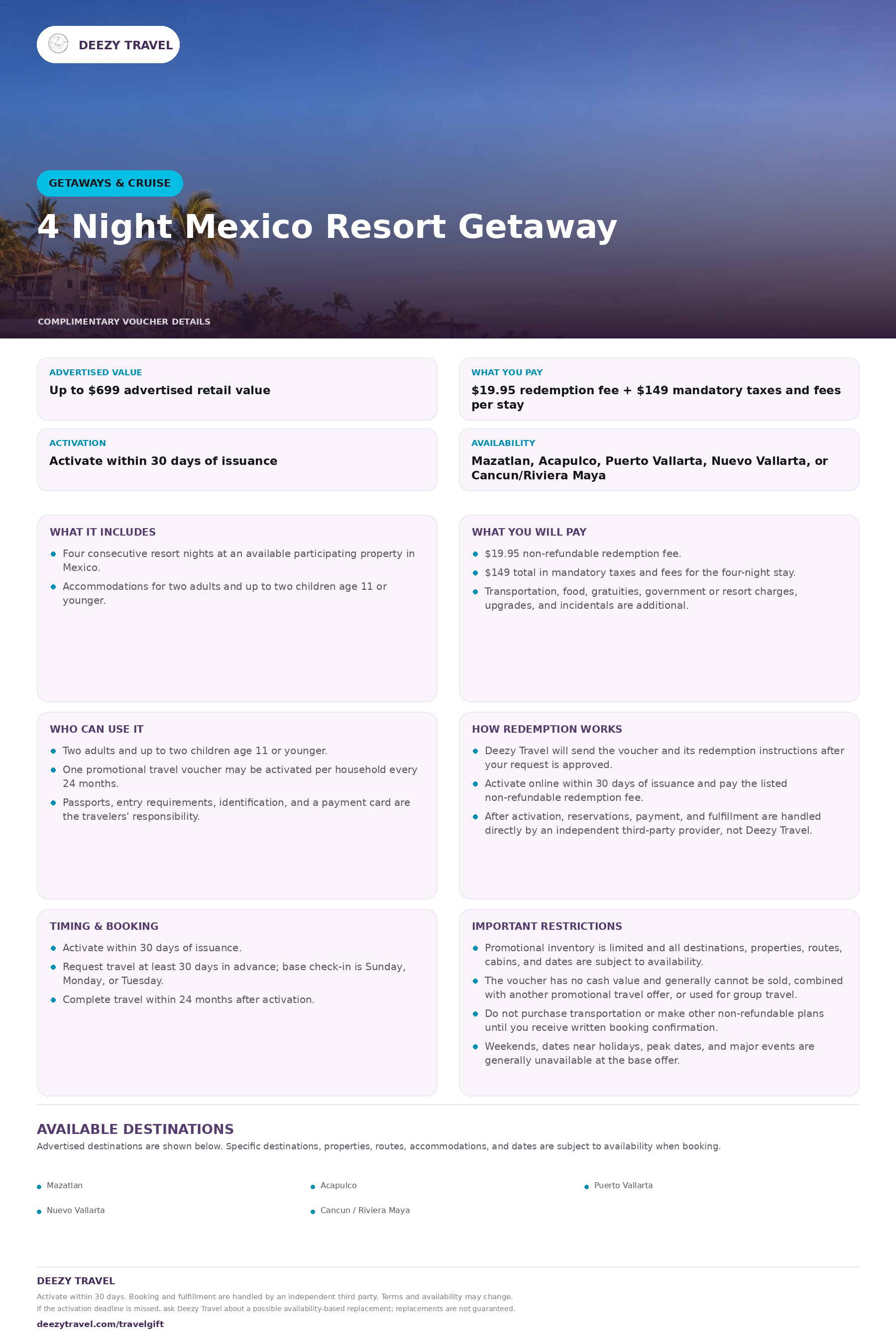 Preview of the downloadable details for 4 Night Mexico Resort Getaway