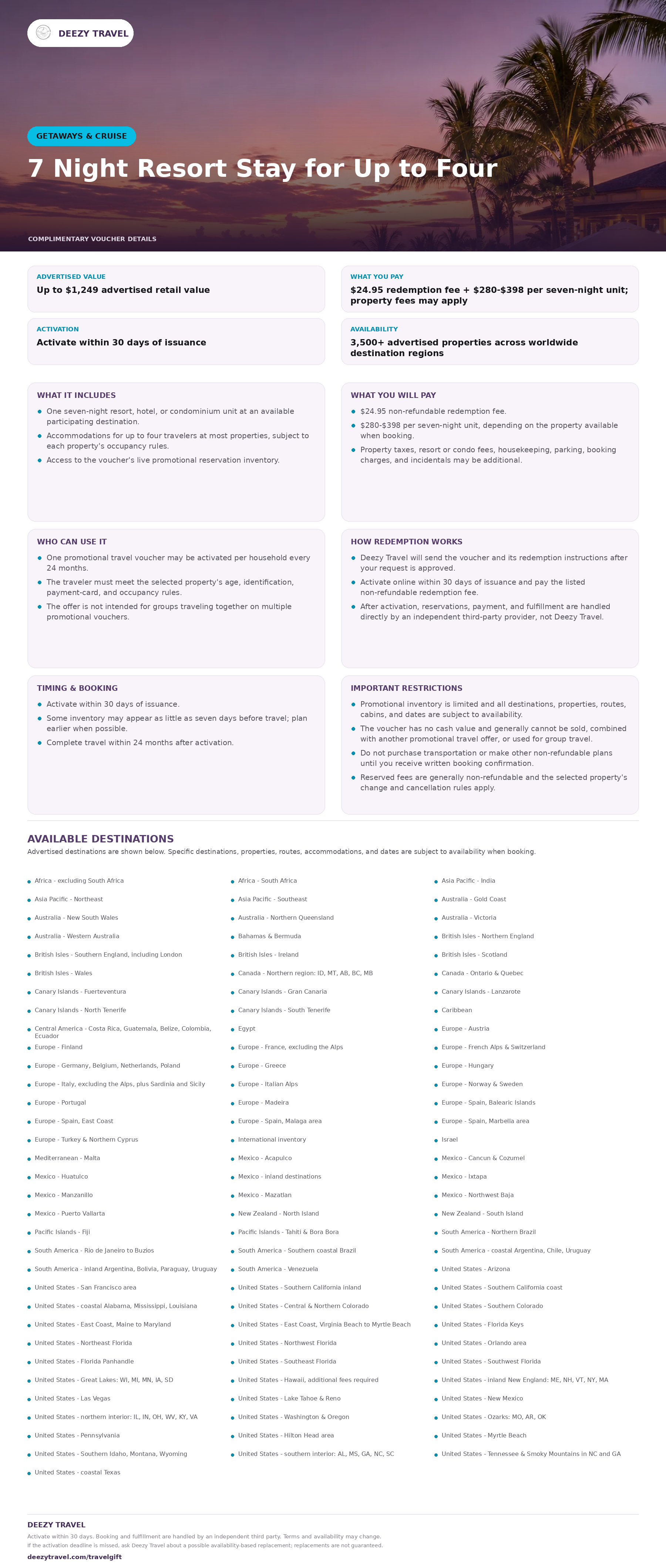Preview of the downloadable details for 7 Night Resort Stay for Up to Four